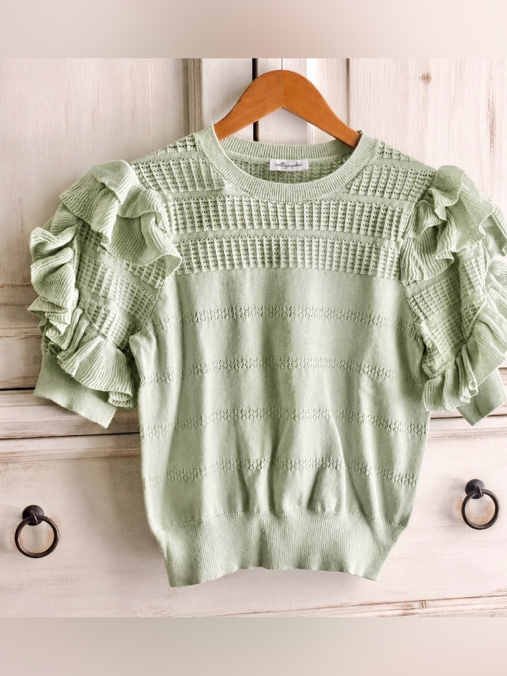 Calligraphie Sage Green Ruffle Sleeve Knit Sweater